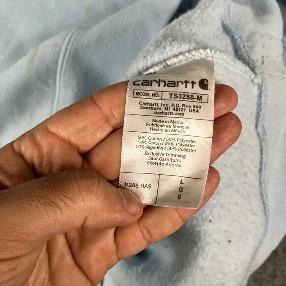 Carhartt Hoodie Mens Size L Light Blue Loose Fit Pullover Workwear Logo Sleeve - Picture 6 of 8